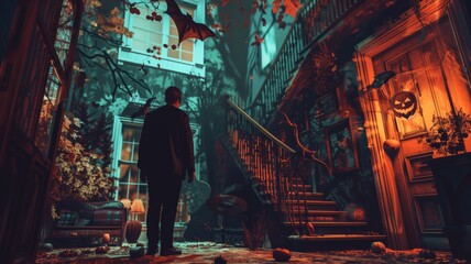 Fototapeta premium A man stands in a warmly lit hallway of a Halloween-themed house, illuminated by glowing jack-o'-lanterns and decorative lights
