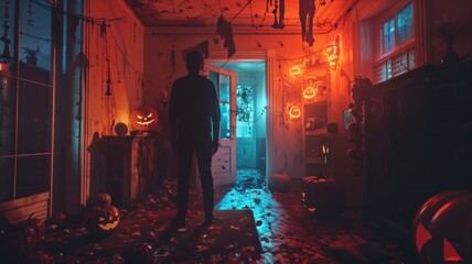 Naklejka premium A man stands in a warmly lit hallway of a Halloween-themed house, illuminated by glowing jack-o'-lanterns and decorative lights