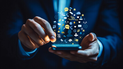 A businessman uses a smartphone from which digital icons burst out, illustrating the expansive influence of social media and online communication in today's digital landscape.