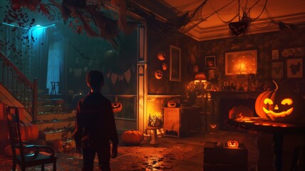 A man stands in a warmly lit hallway of a Halloween-themed house, illuminated by glowing jack-o'-lanterns and decorative lights