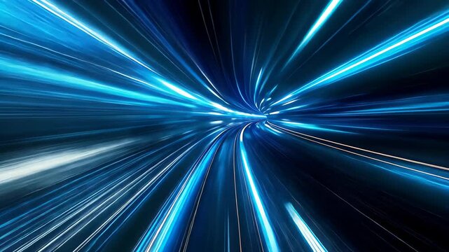 abstract dynamic blue and white light streaks against a dark backdrop, symbolizing speed and innovation. Ideal for tech projects and multimedia presentations.