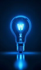 Blue holographic glowing lightbulb with copy space.
