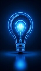 Blue holographic glowing lightbulb with copy space.