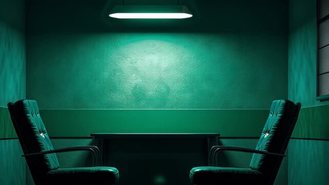 A minimalistic interrogation room features a green palette with modern armchairs facing a sleek table under a single light. Soft shadows and muted natural light create suspenseful intrigue.