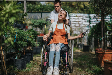 A cheerful scene of a male with Down syndrome pushing a woman in a wheelchair through a vibrant...