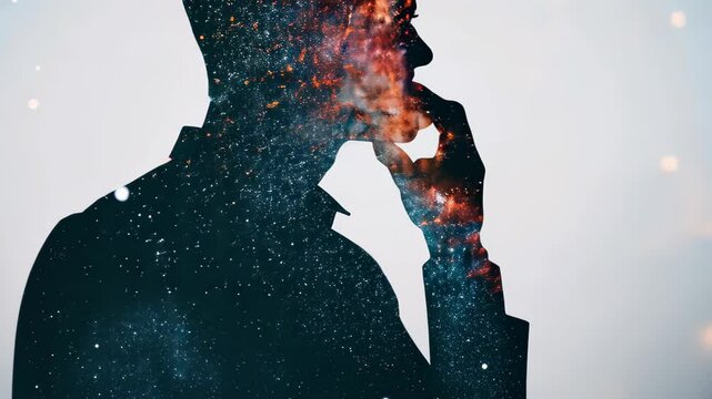 A striking silhouette of a person in deep thought against a vibrant cosmic backdrop filled with stars and nebulae, symbolizing the connection between mind and universe.