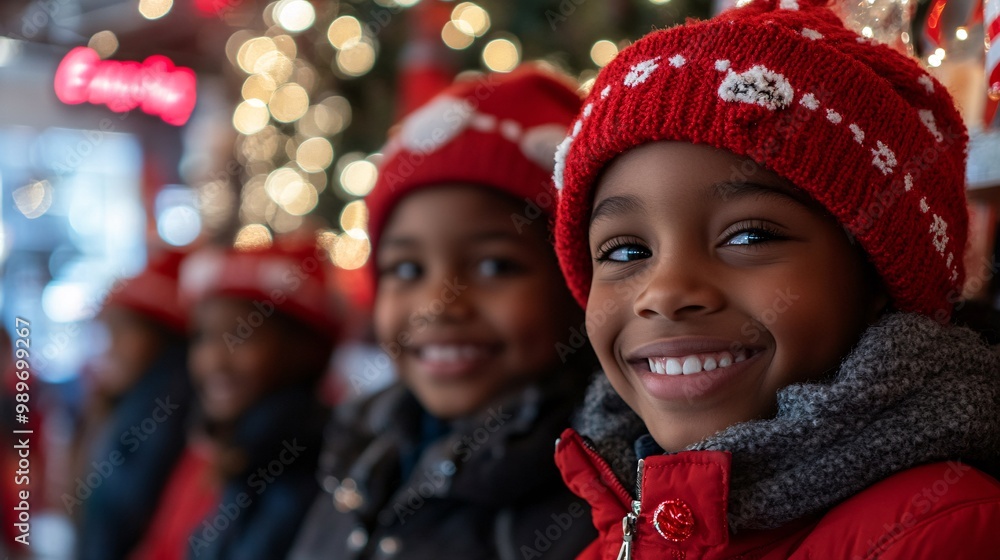 Poster bipoc parents with their children happily shopping during black friday with a variety of products an