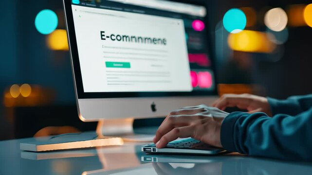 A close-up of hands typing on a desktop keyboard, lit by warm light, with an engaging e-commerce website displayed. blurred background adds a creative touch, ideal for marketing and tech themes.