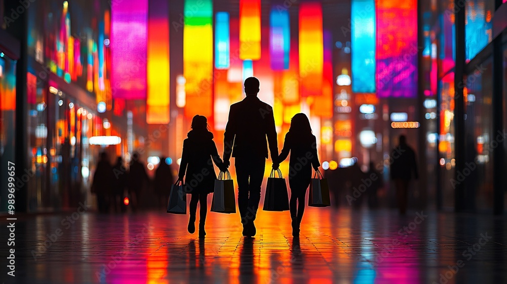 Poster photorealistic image of a diverse family walking out of a store with shopping bags as black friday b