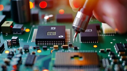 A close-up shows a technician repairing a microchip on a vibrant green circuit board. Intricate components and soft bokeh highlight the precision of electronic repairs.