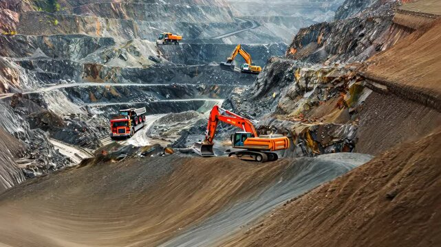Aerial view of an active quarry with heavy machinery at work. Bright excavators and trucks extract minerals amid rugged terrain, dust clouds, and layered rocks.