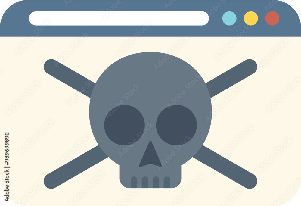 Poster simple flat illustration of a browser window displaying a skull and crossbones warning sign, suggest