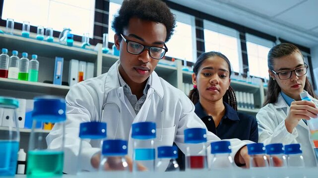 A vibrant laboratory scene shows three young scientiststwo women and one manin lab coats collaborating on experiments with colorful bottles, highlighting teamwork and innovation.