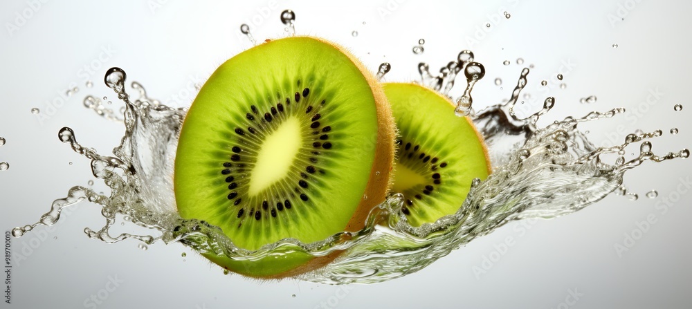 Poster fresh kiwi slices splashing through water droplets in a vibrant display of color and texture