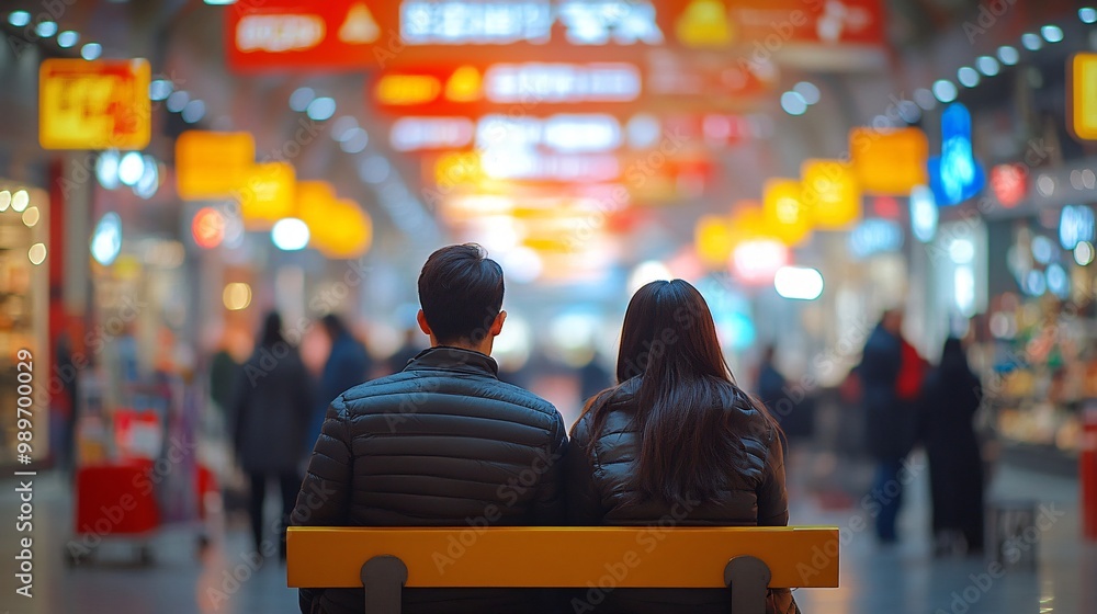 Poster photorealistic image of an asian couple sitting on a bench in a shopping mall looking at their purch