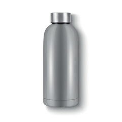 Vector Realistic 3D Steel Blank Glossy Reusable Water Bottle with Silver Bung Closeup Isolated. Design Template of Packaging Mockup. Front View