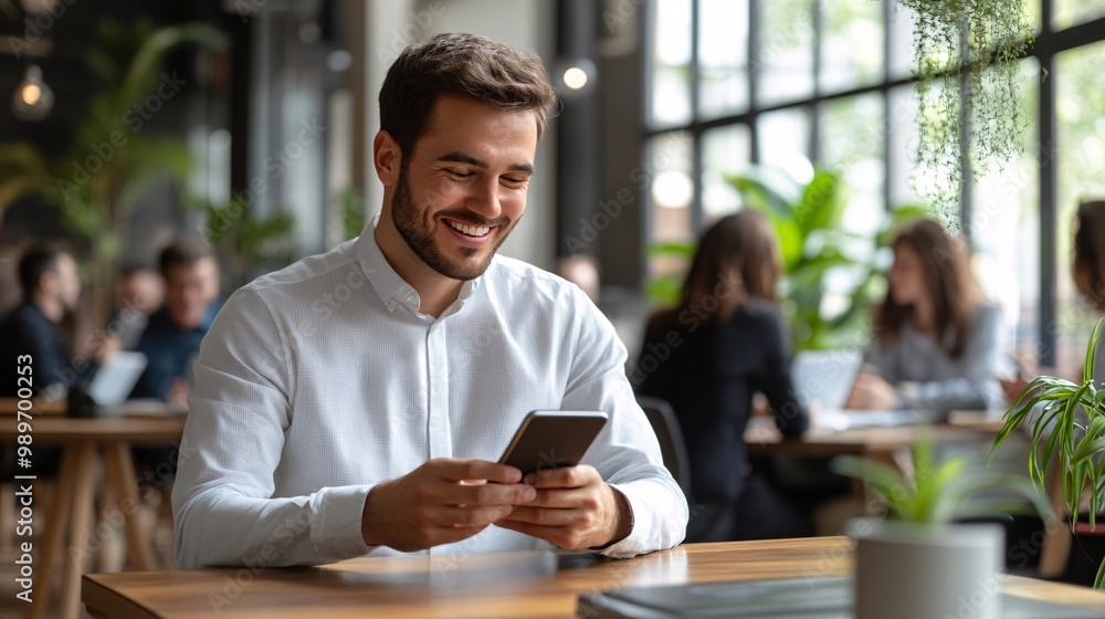 Poster a western man sitting at a modern office desk smiling as he views his bank statement on a smartphone