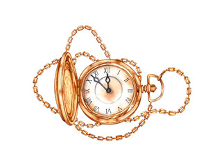 Gold pocket watch with open cover and long chain watercolor illustration. Vintage style, Roman numerals on the dial. Isolated from the background. For invitations, greeting cards, prints, posters