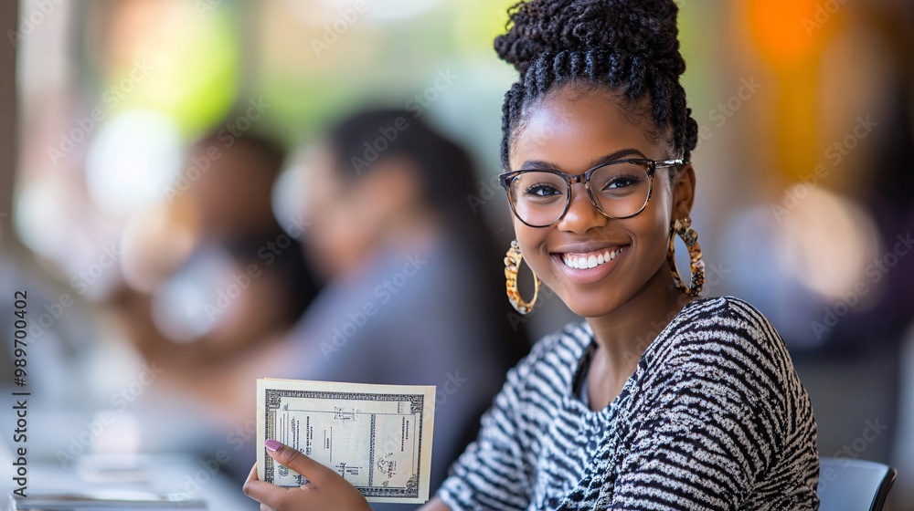 Poster a bipoc woman at her desk smiling and holding a paycheck while her colleagues are in the background 