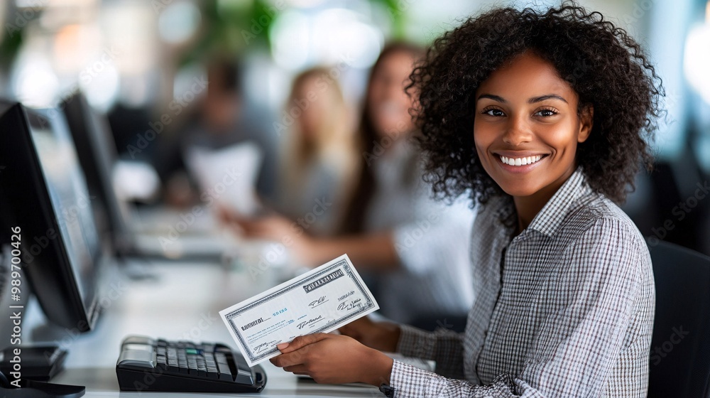 Aufkleber a bipoc woman at her desk smiling and holding a paycheck while her colleagues are in the background 