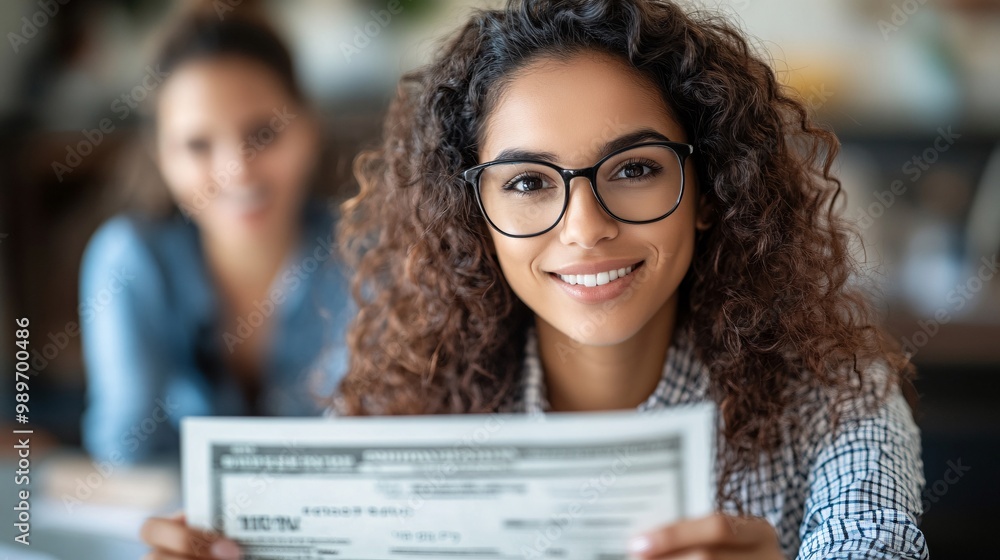 Poster a bipoc woman at her desk smiling and holding a paycheck while her colleagues are in the background 