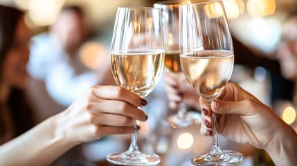 Photorealistic image of a diverse group of friends celebrating Pay Day with a dinner at a stylish restaurant holding up glasses in a toast Large space for text in center Stock Photo with copy space