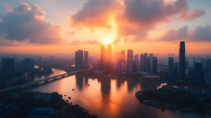 Obraz premium Foggy morning cityscape with sun rising beautiful urban sunrise images