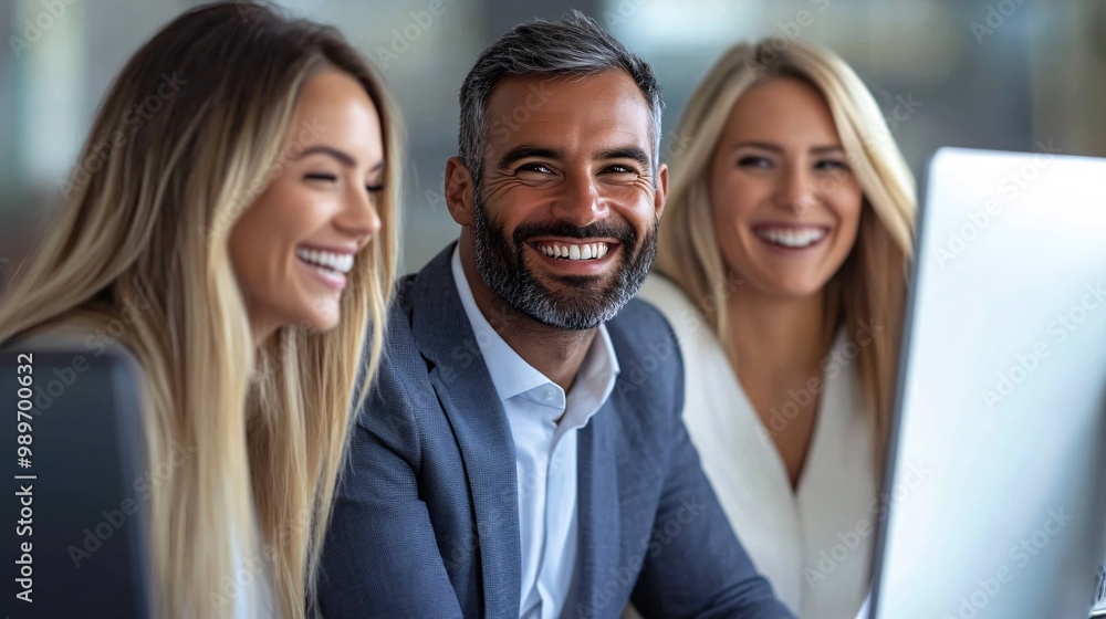 Poster BIPOC and Western colleagues gathered around a computer screen showing a Pay Day bonus notification while happily discussing the rewards Large space for text in center Stock Photo with copy space
