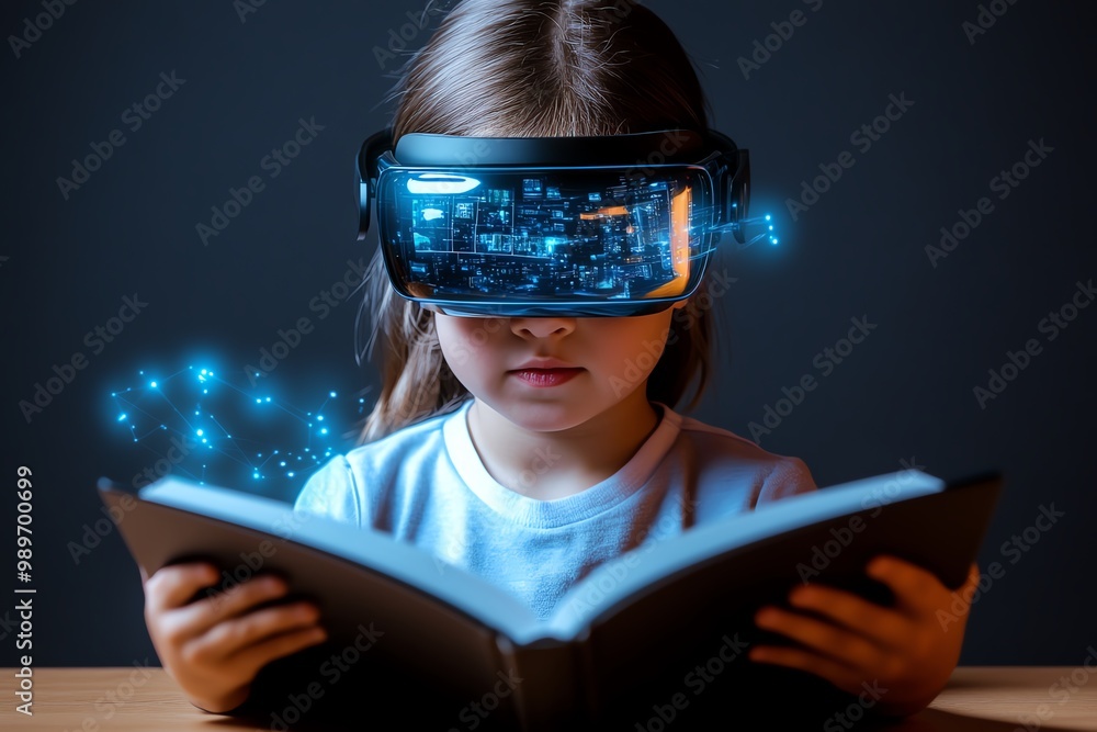 Poster A child reading a digital book using augmented reality glasses, where the bookâ€™s content is projected into their environment, creating an interactive experience