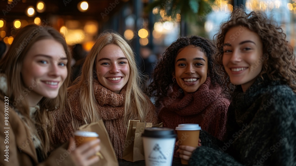 Poster a diverse group of friends sitting in a cafe happily sharing their pay day plans while sipping on co