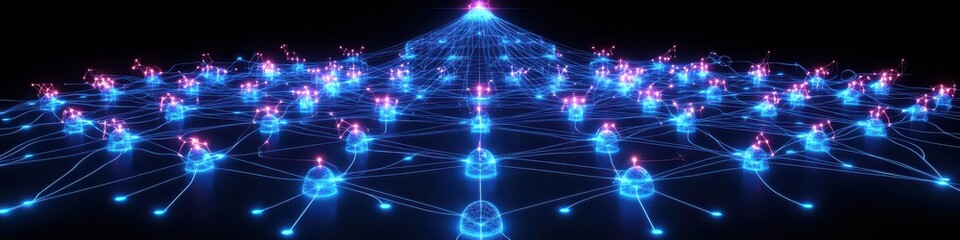 Abstract Visualization of Hierarchical Neural Network with Glowing Nodes and Connections Representing AI and Machine Learning Algorithms