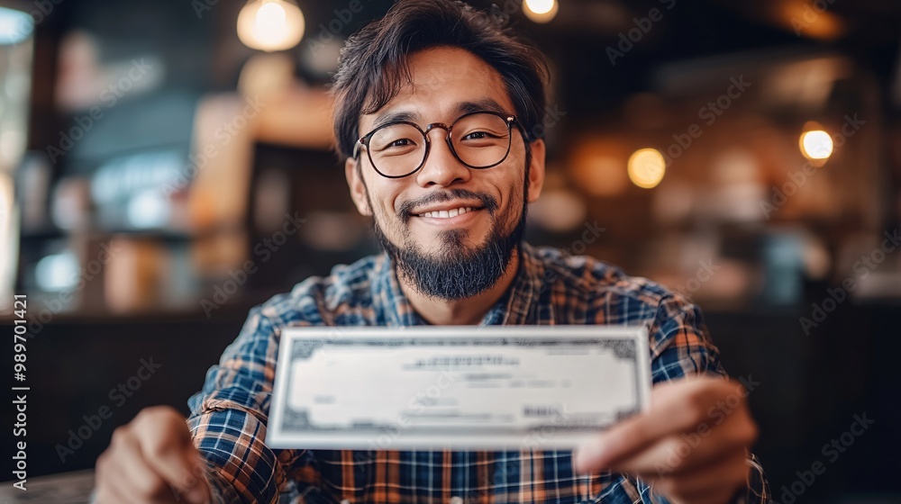 Poster photorealistic image of an asian man sitting at a bank counter smiling as he receives a pay day chec