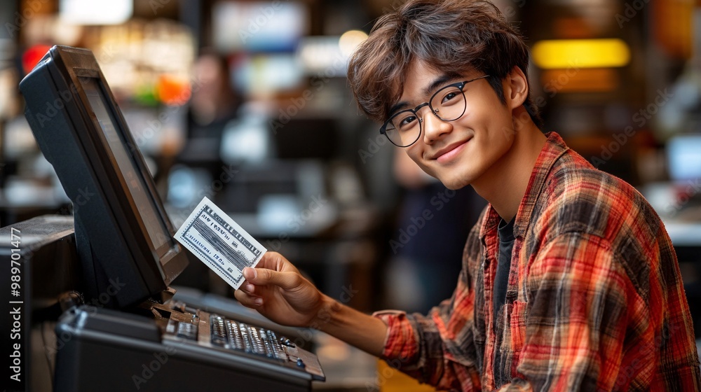 Poster photorealistic image of an asian man sitting at a bank counter smiling as he receives a pay day chec