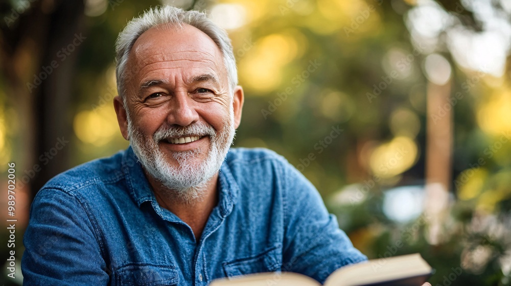Poster a senior man sitting in a garden surrounded by nature smiling while reading a book on a quiet aftern