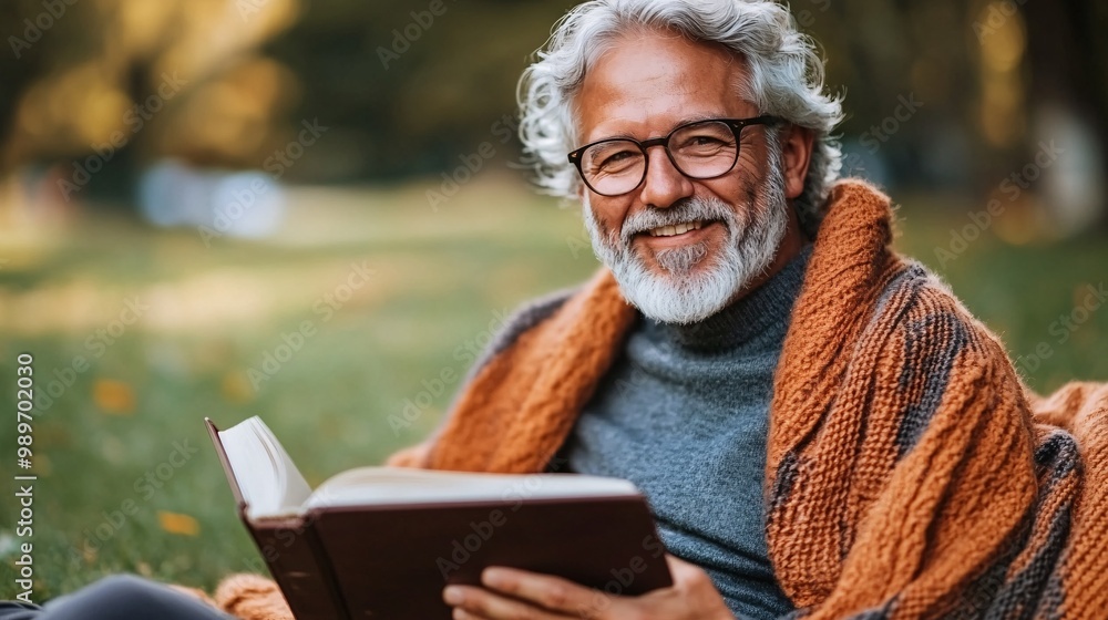 Poster a senior man sitting in a garden surrounded by nature smiling while reading a book on a quiet aftern