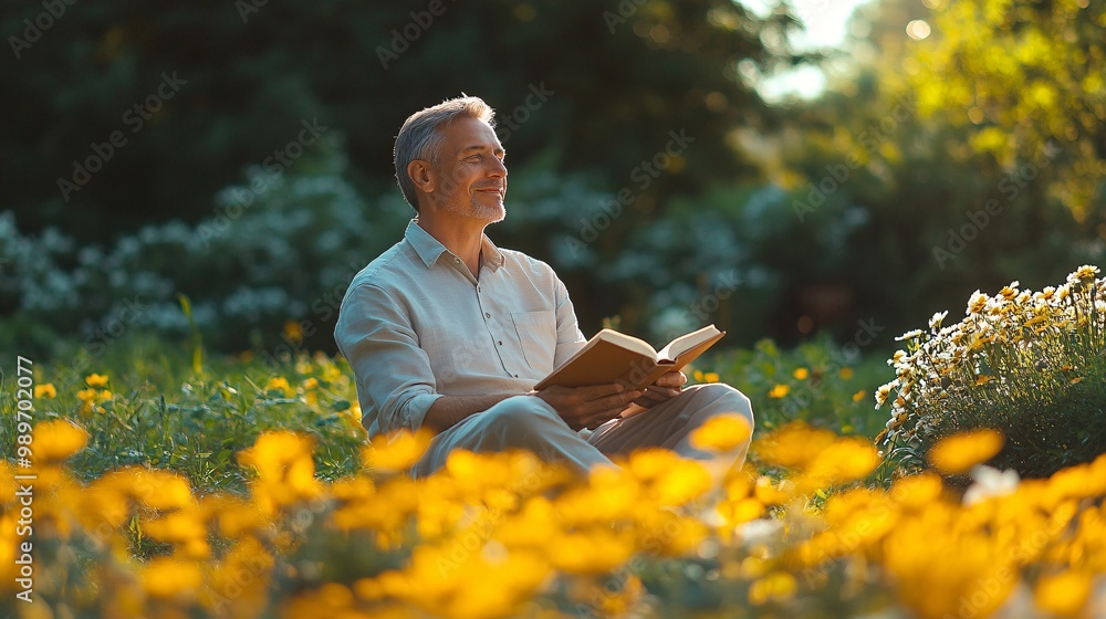 Poster a senior man sitting in a garden surrounded by nature smiling while reading a book on a quiet aftern