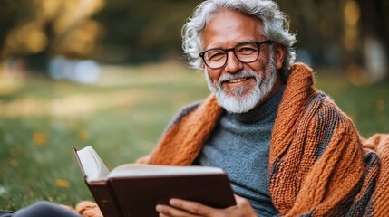 Obraz premium A senior man sitting in a garden surrounded by nature smiling while reading a book on a quiet afternoon Large space for text in center Stock Photo with copy space