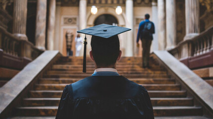 Graduate in cap and gown standing at the base of grand stairs inside a historic building, symbolizing the next step toward academic achievement and future opportunities
