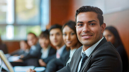 Confident young professional smiling during a business meeting with colleagues in the background, symbolizing teamwork, leadership, and success in a corporate environment
