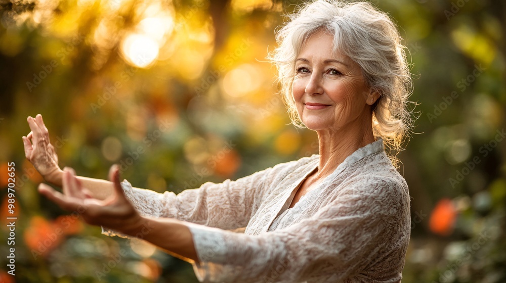 Aufkleber A senior woman practicing tai chi in a tranquil garden setting with soft light filtering through trees creating a serene atmosphere Large space for text in center Stock Photo with copy space