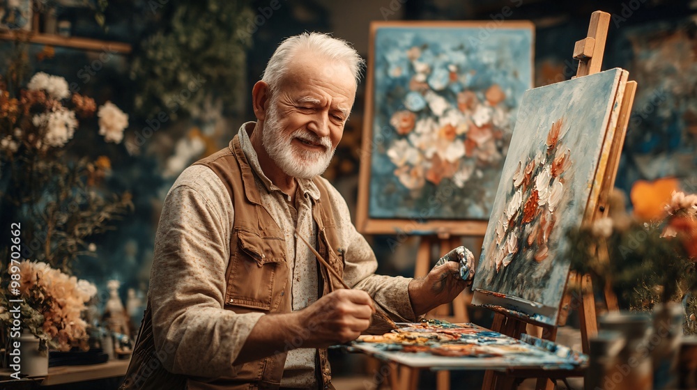 Poster An elderly man painting at an easel in his studio surrounded by colorful artwork looking content and focused Large space for text in center Stock Photo with copy space