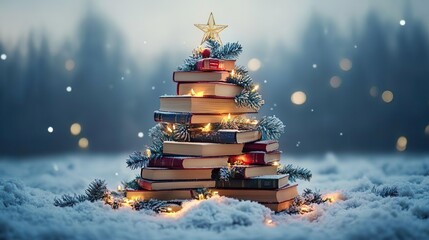 Holiday book sale featuring a festive Christmas tree made from colorful stacked books