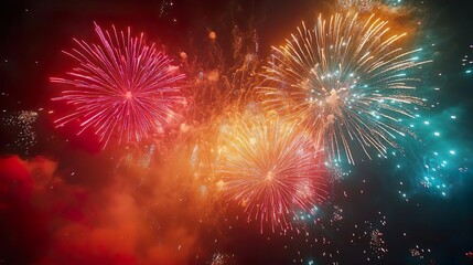 Fototapeta premium Radiant bursts of fireworks fill the black sky with vibrant beautiful colors