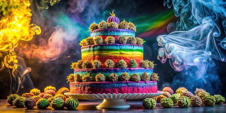 A colorful, multi-tiered cake adorned with ganja leaves, cannabis buds, and psychedelic patterns, surrounded by joints and smoke, amidst a festive birthday party setting.