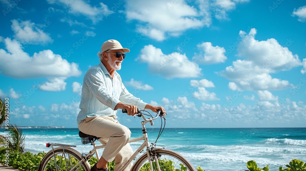Poster a senior man riding a bicycle along a beachside path with the ocean in the background and a calm pea