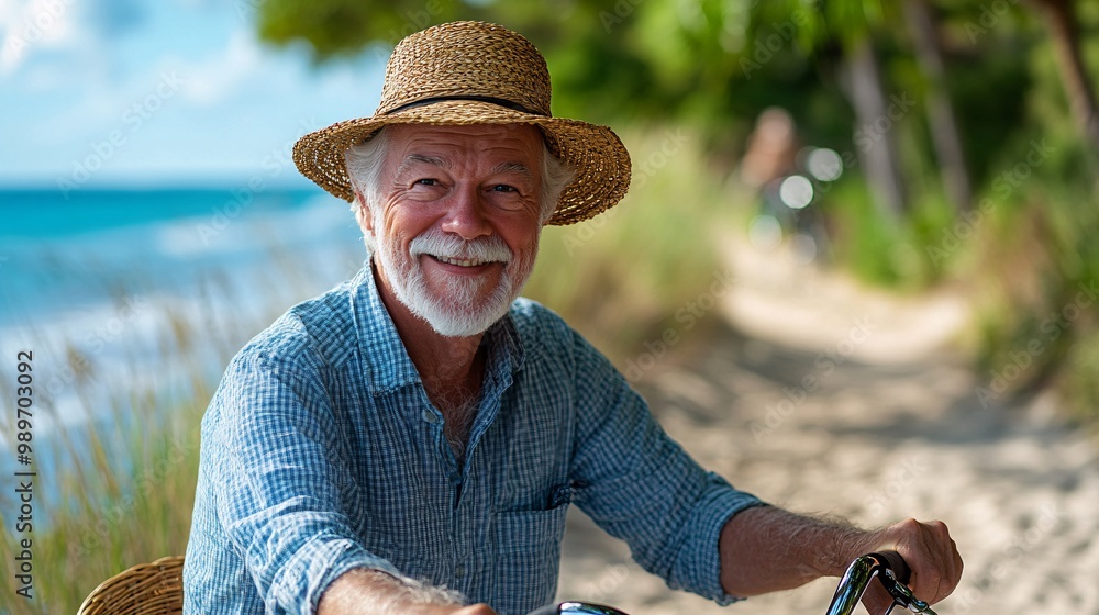 Poster a senior man riding a bicycle along a beachside path with the ocean in the background and a calm pea
