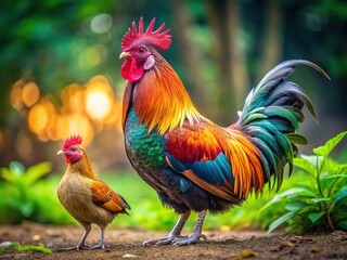 A majestic wild jungle fowl with vibrant plumage and fierce demeanor stands proudly beside a dull-feathered, plump domesticated farm chicken in stark contrast.