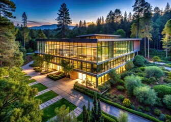 A modern, sleek music corporation headquarters nestled among lush trees in a serene California woodland, exuding creativity and innovative energy in a natural setting.