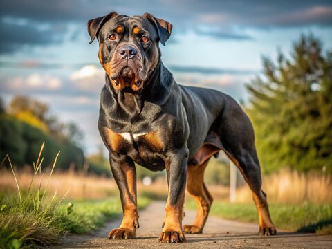 A muscular Combai dog with a distinctive black coat and piercing brown eyes stands proudly in a rural setting, showcasing its powerful build and intelligent gaze.