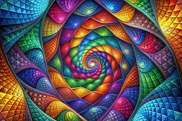 Abstract And Colorful Geometric Shapes Intertwined In A Mesmerizing Spiral Pattern, Creating A Vibrant And Captivating Design.